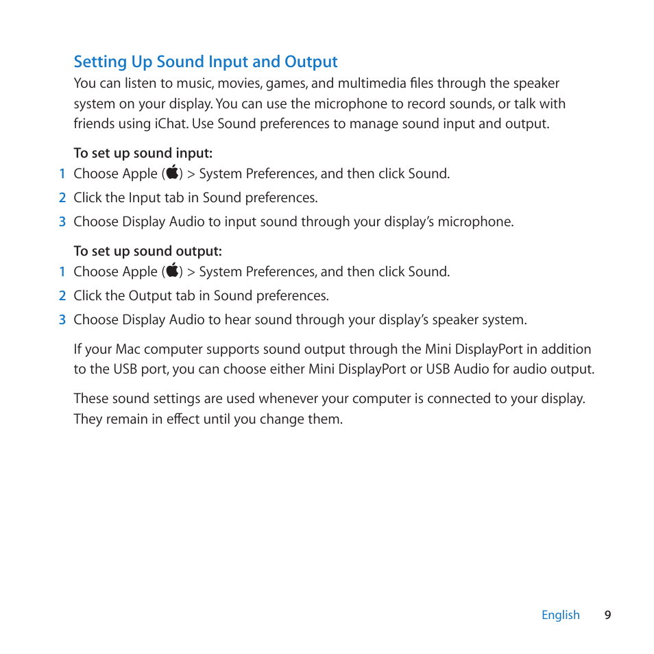 Setting up sound input and output | Apple LED Cinema Display (27-inch) User Manual | Page 9 / 64