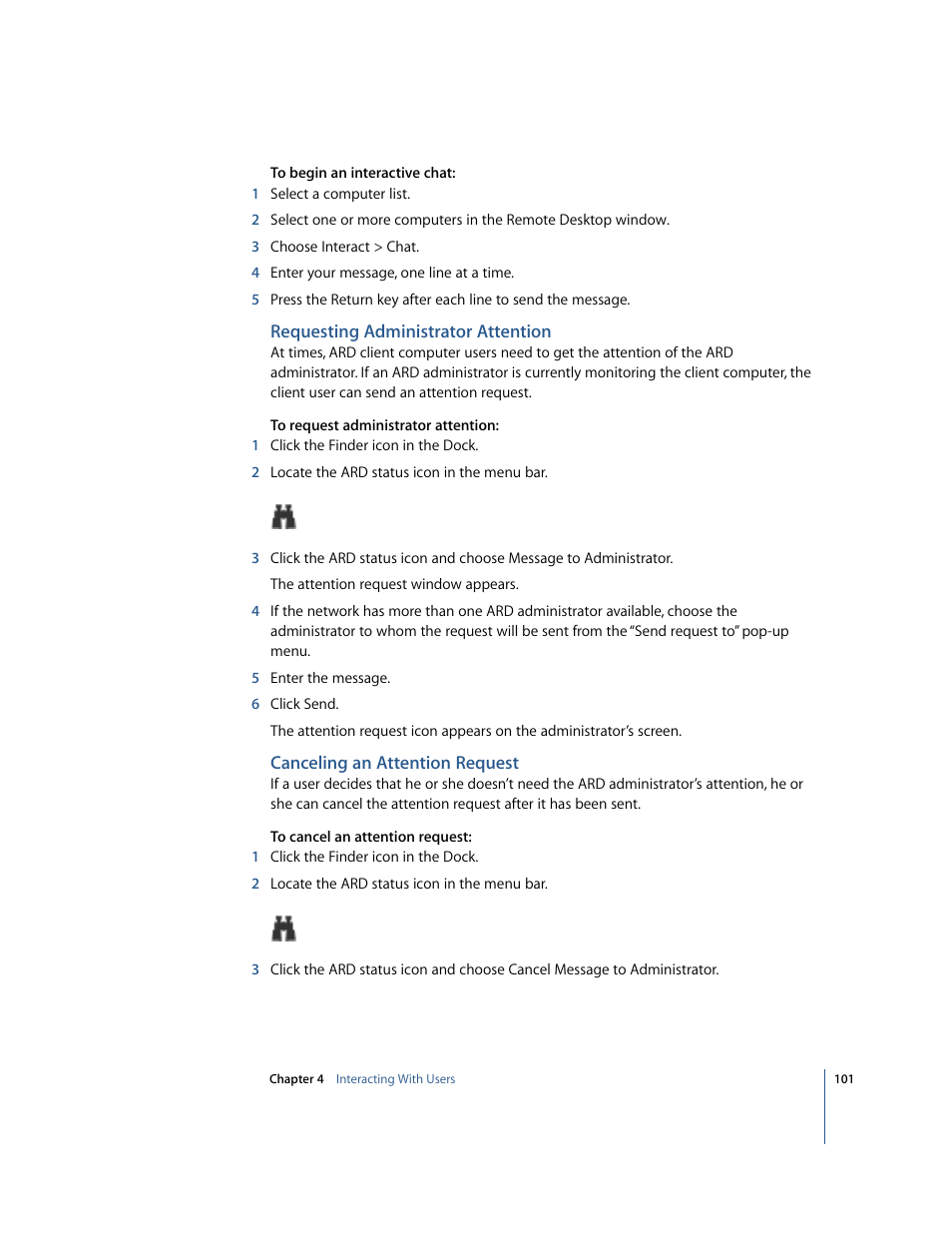 Requesting administrator attention, Canceling an attention request | Apple Remote Desktop User Manual | Page 101 / 116