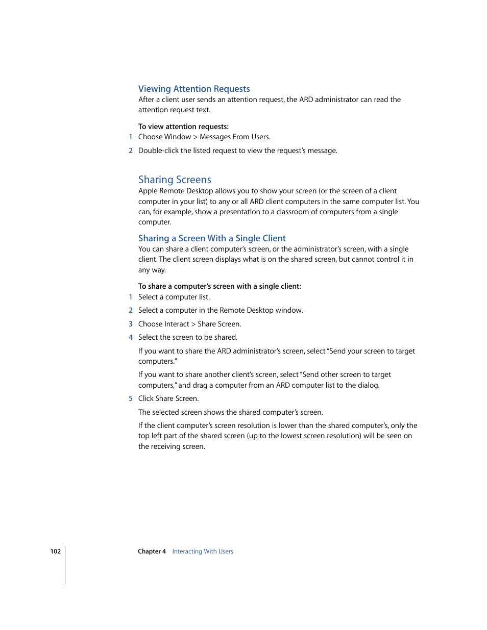 Viewing attention requests, Sharing screens, Sharing a screen with a single client | Apple Remote Desktop User Manual | Page 102 / 116