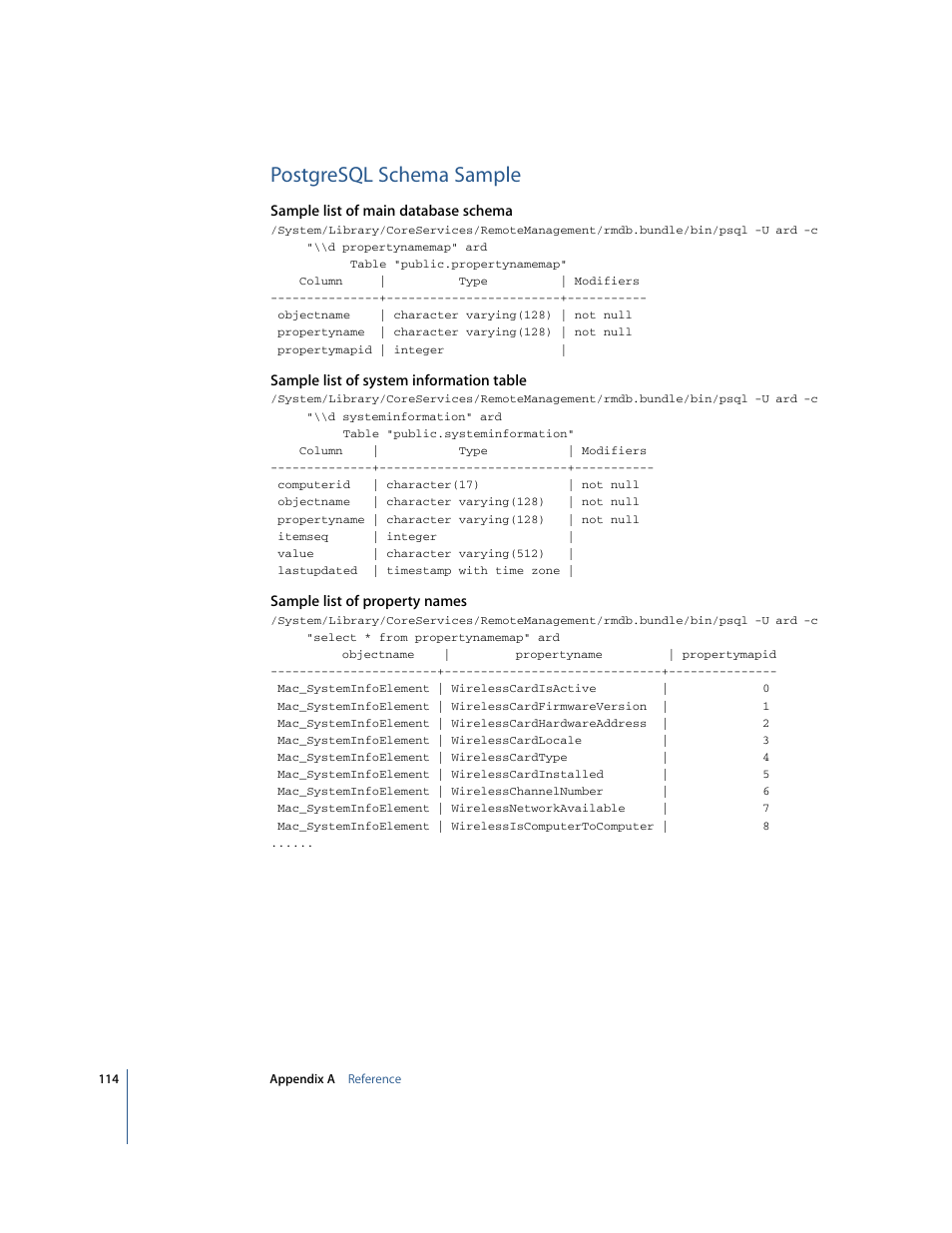 Postgresql schema sample | Apple Remote Desktop User Manual | Page 114 / 116