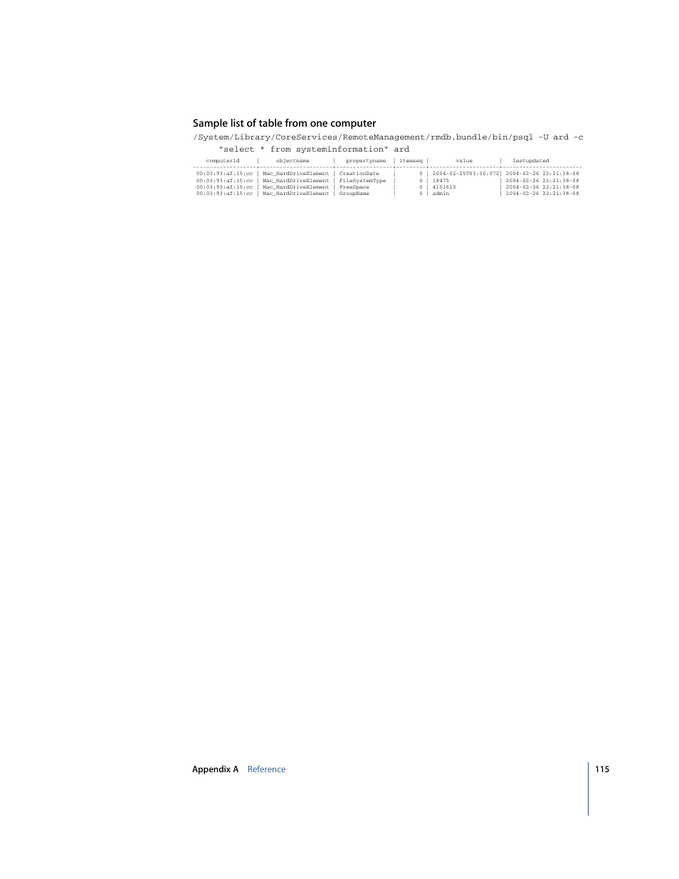 Sample list of table from one computer | Apple Remote Desktop User Manual | Page 115 / 116