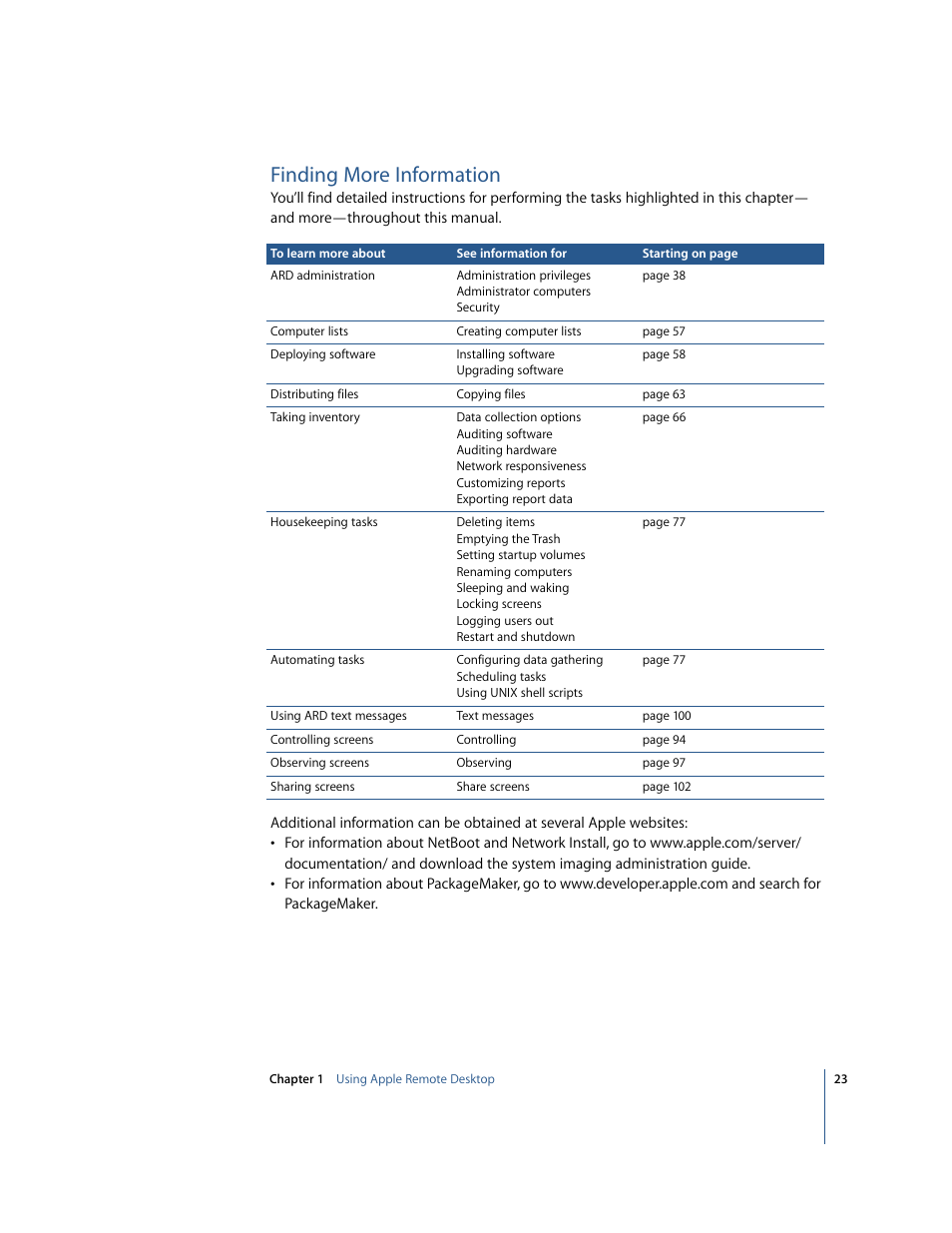 Finding more information | Apple Remote Desktop User Manual | Page 23 / 116