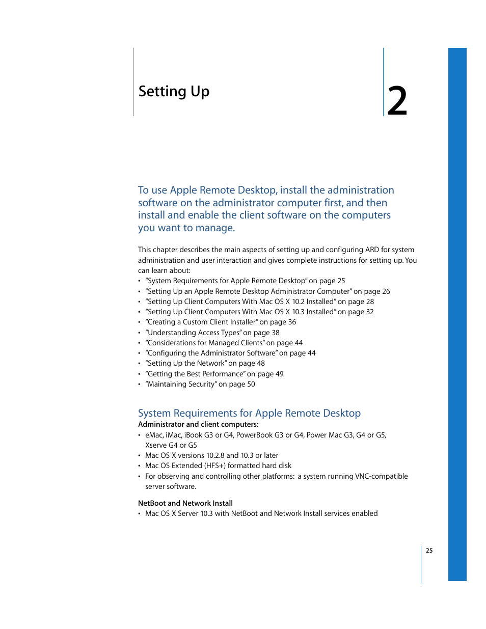 Setting up, System requirements for apple remote desktop | Apple Remote Desktop User Manual | Page 25 / 116