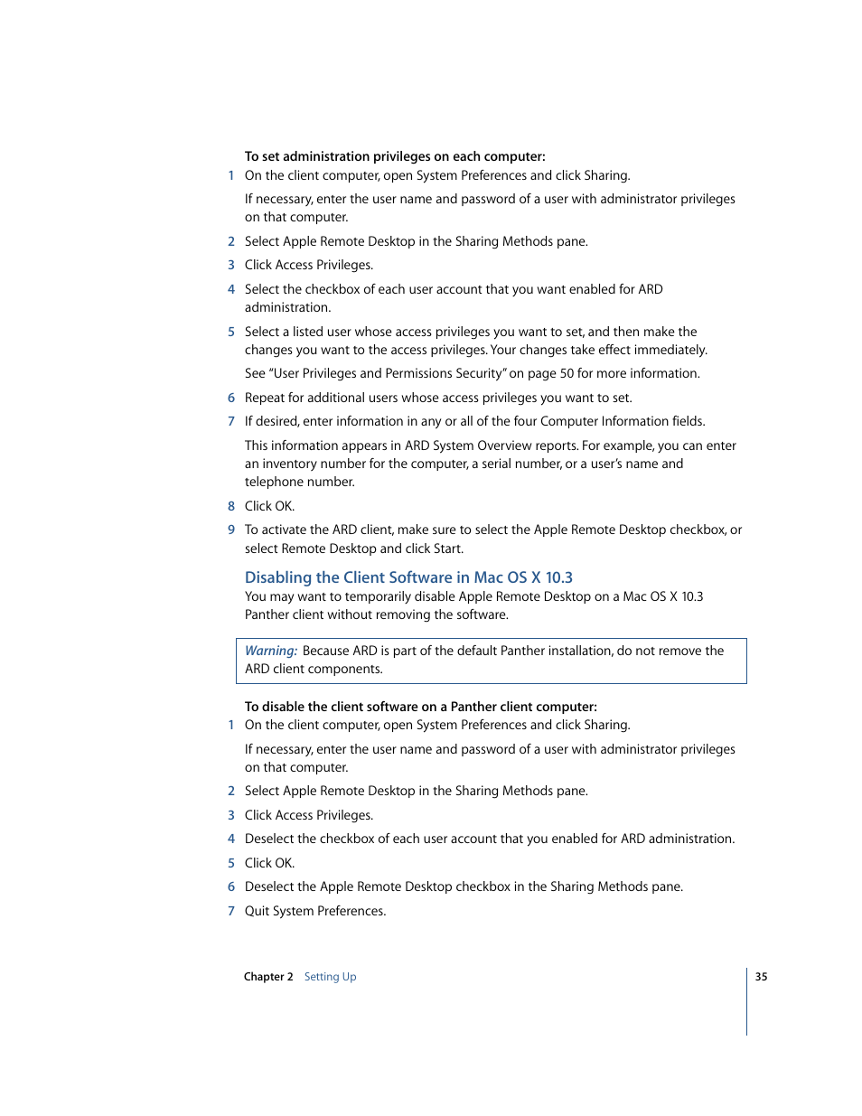 Disabling the client software in macosx 10.3 | Apple Remote Desktop User Manual | Page 35 / 116