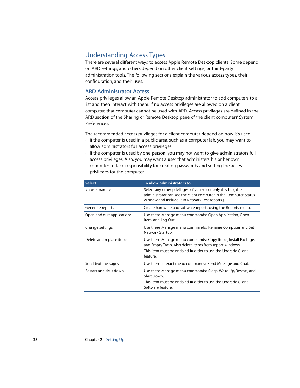 Understanding access types, Ard administrator access | Apple Remote Desktop User Manual | Page 38 / 116