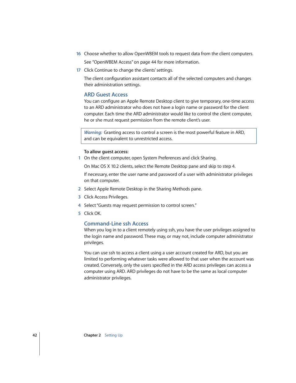 Ard guest access, Command-line ssh access | Apple Remote Desktop User Manual | Page 42 / 116