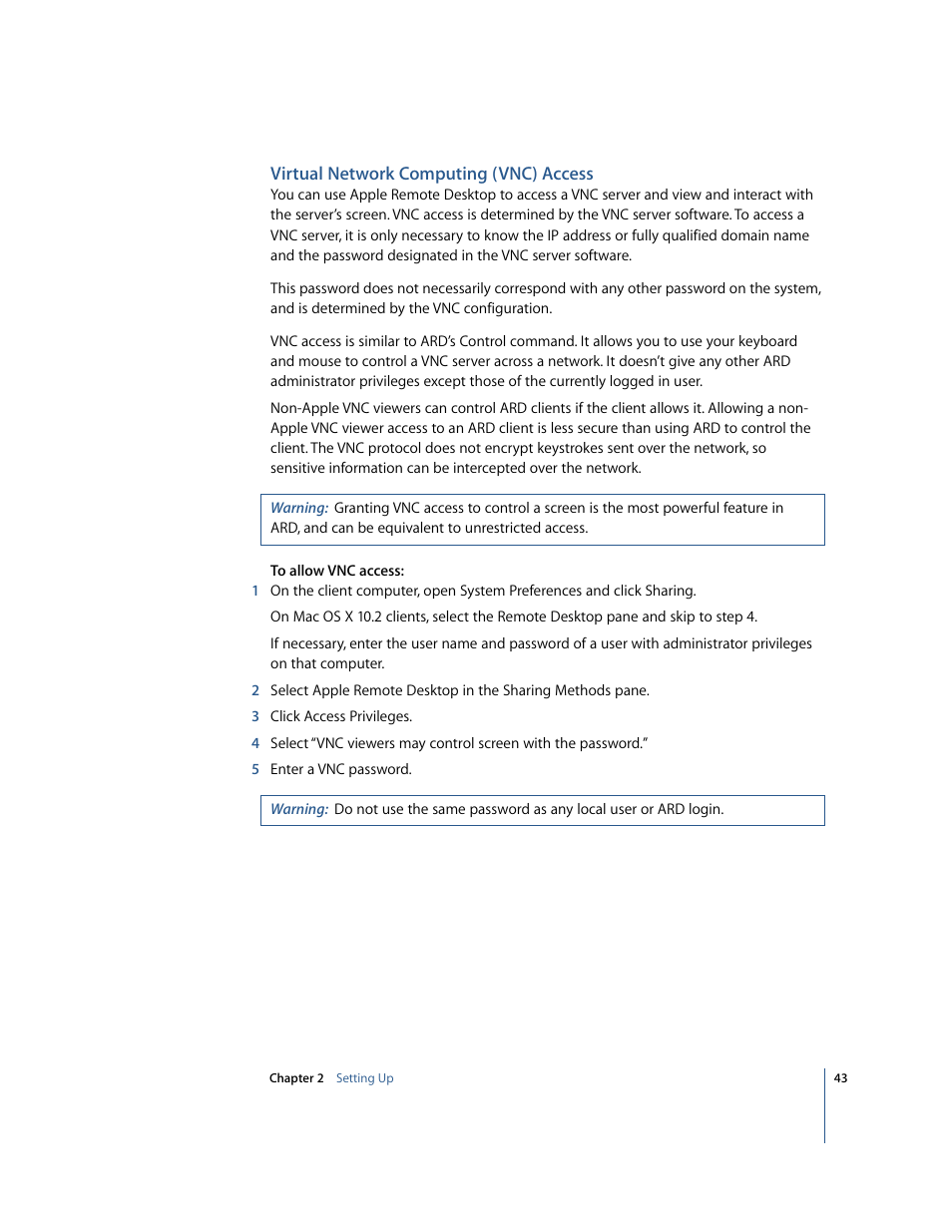 Virtual network computing (vnc) access | Apple Remote Desktop User Manual | Page 43 / 116
