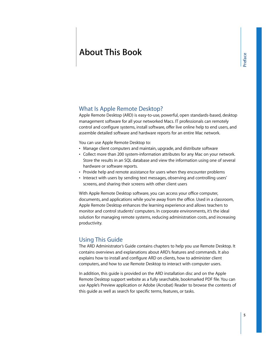 About this book, What is apple remote desktop, Using this guide | Apple Remote Desktop User Manual | Page 5 / 116