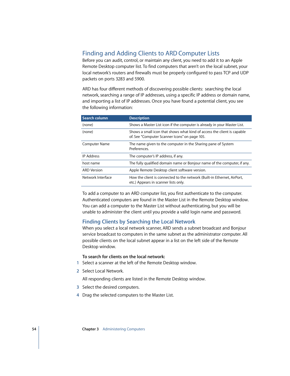 Finding and adding clients to ard computer lists, Finding clients by searching the local network, Finding and adding clients to ard | Computer lists | Apple Remote Desktop User Manual | Page 54 / 116