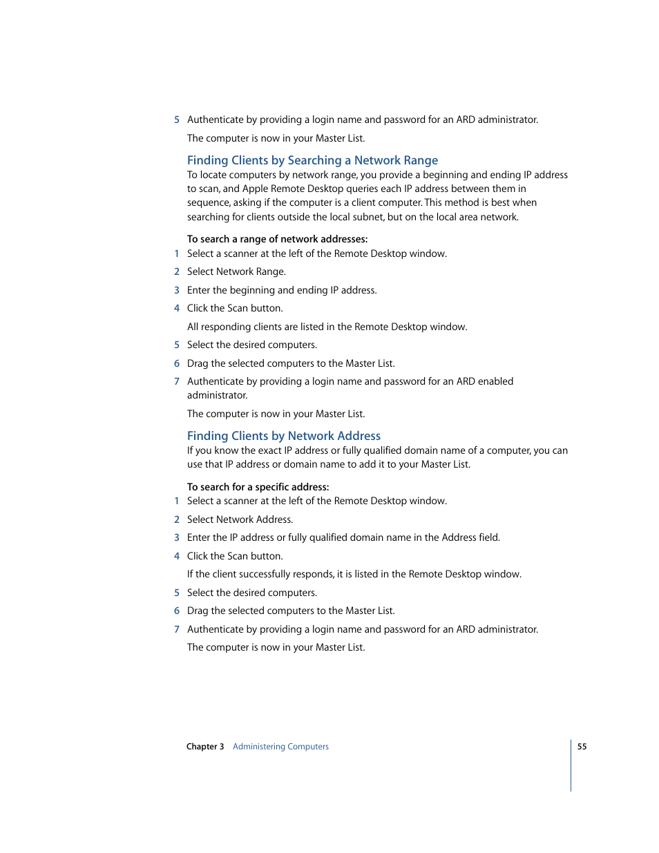 Finding clients by searching a network range, Finding clients by network address | Apple Remote Desktop User Manual | Page 55 / 116