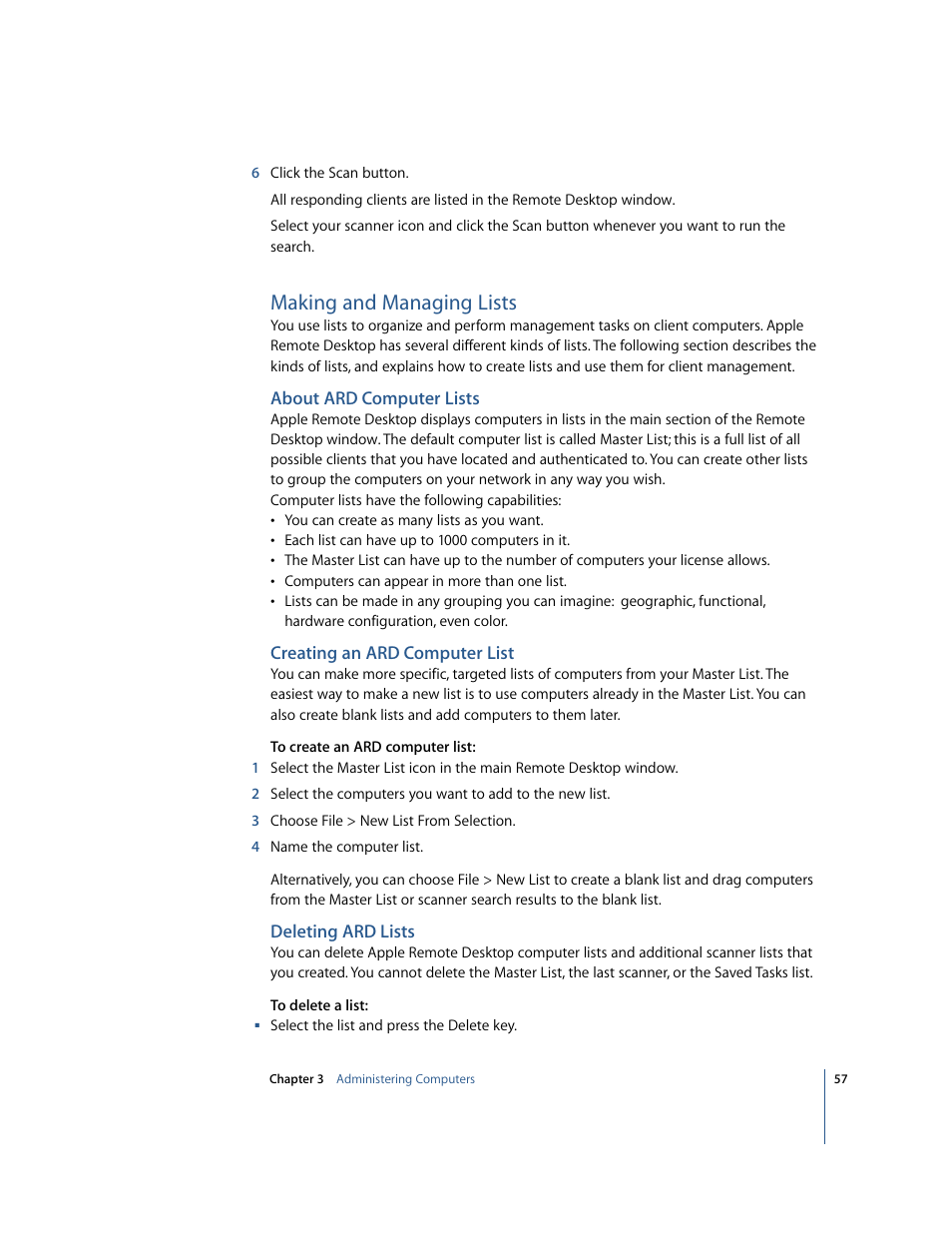 Making and managing lists, About ard computer lists, Creating an ard computer list | Deleting ard lists | Apple Remote Desktop User Manual | Page 57 / 116