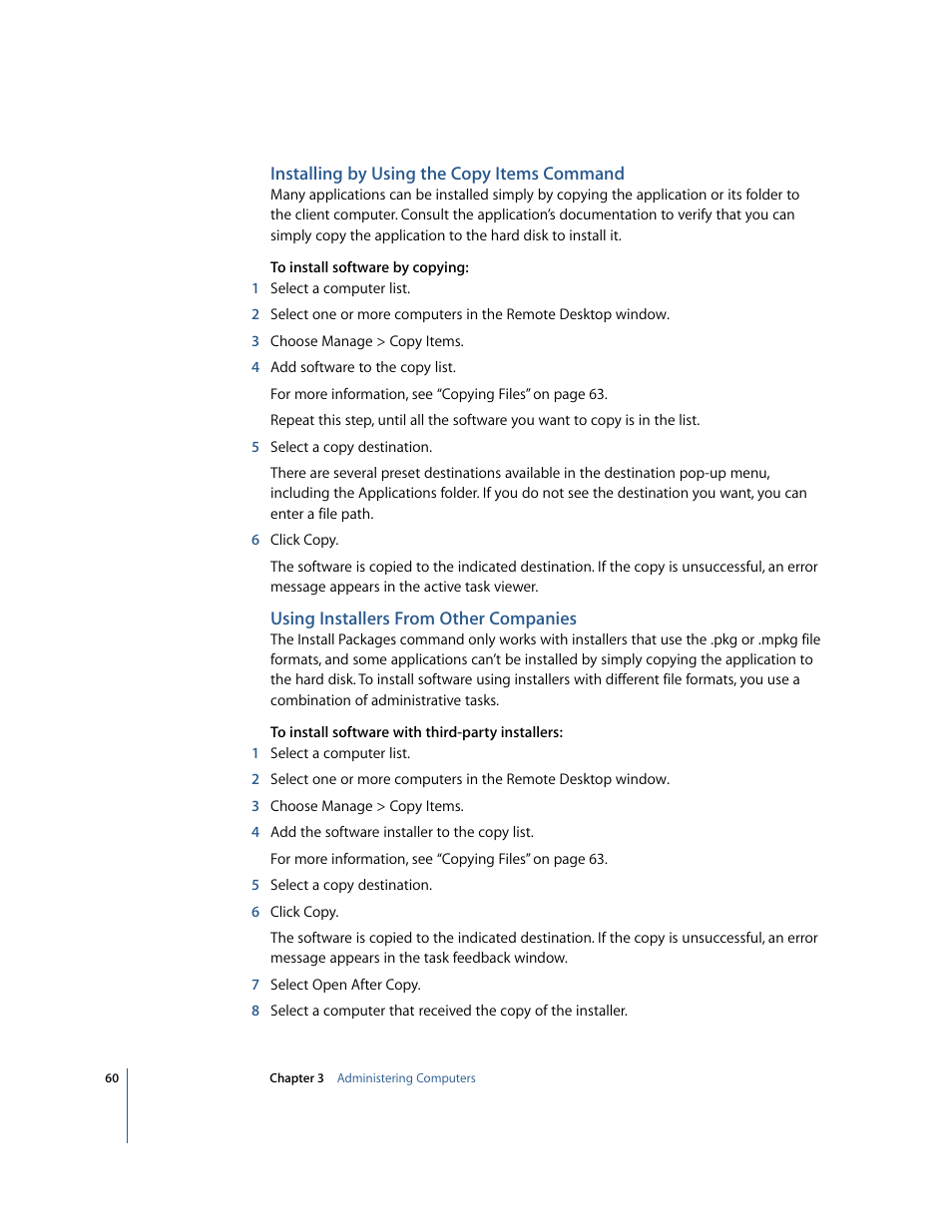 Installing by using the copy items command, Using installers from other companies | Apple Remote Desktop User Manual | Page 60 / 116