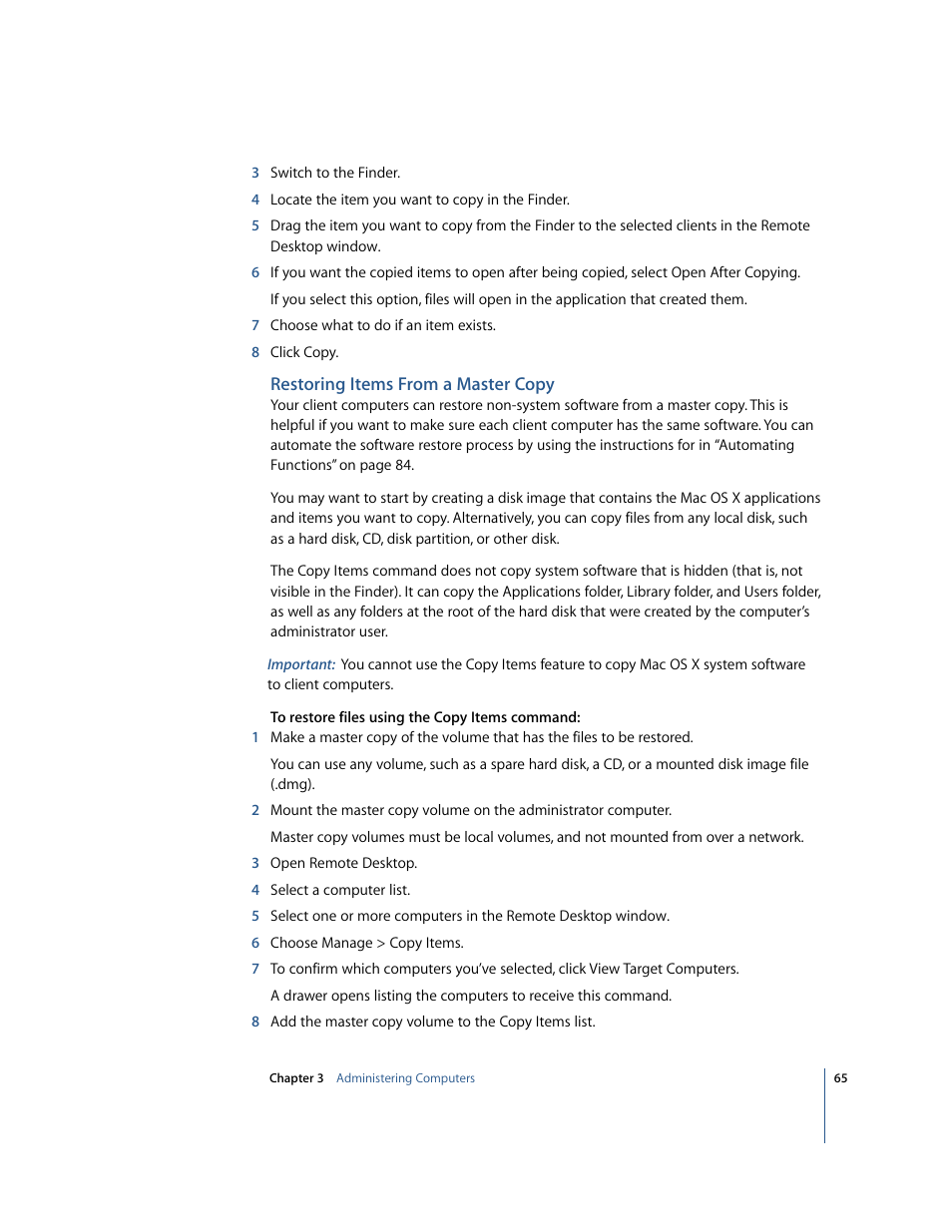 Restoring items from a master copy | Apple Remote Desktop User Manual | Page 65 / 116
