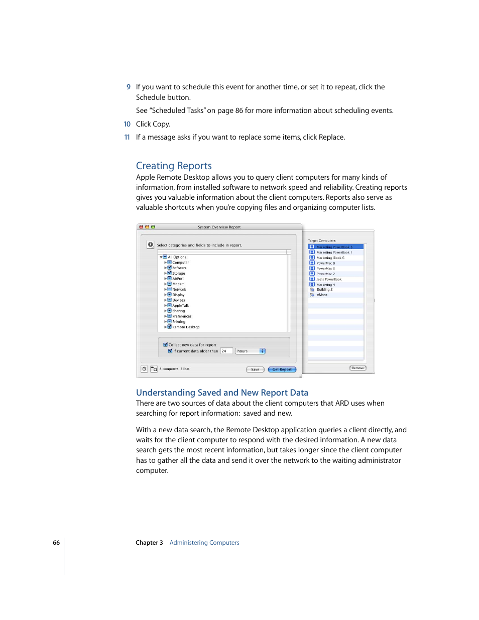 Creating reports, Understanding saved and new report data | Apple Remote Desktop User Manual | Page 66 / 116