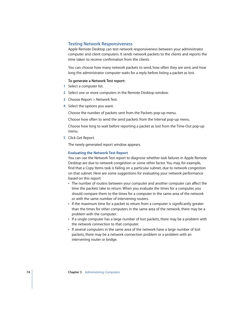 Testing network responsiveness | Apple Remote Desktop User Manual | Page 74 / 116