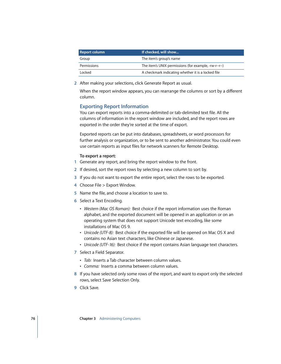 Exporting report information | Apple Remote Desktop User Manual | Page 76 / 116