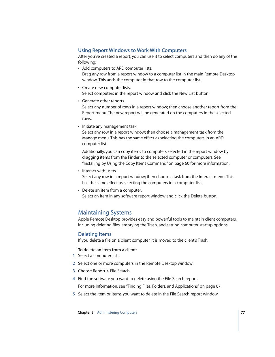 Using report windows to work with computers, Maintaining systems, Deleting items | Apple Remote Desktop User Manual | Page 77 / 116