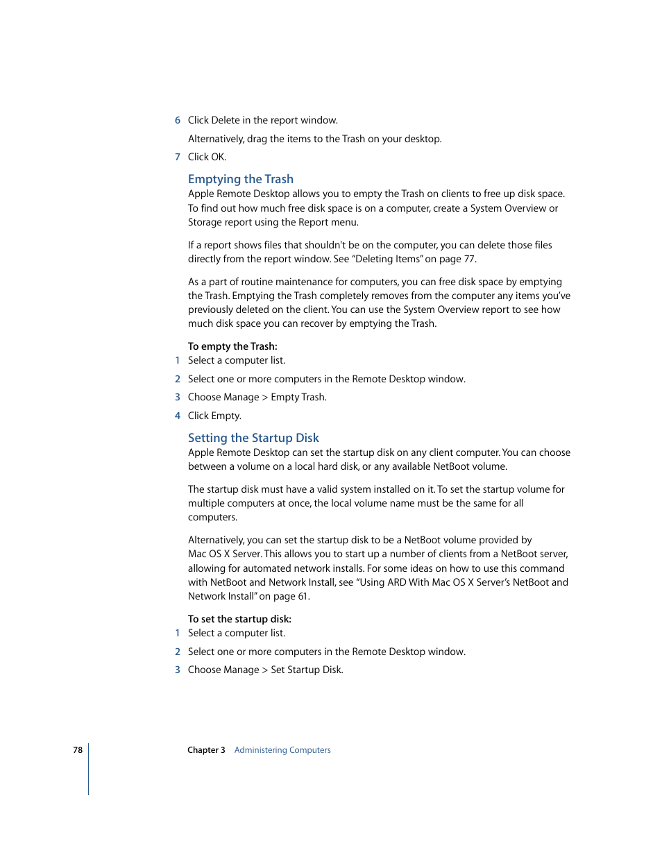 Emptying the trash, Setting the startup disk | Apple Remote Desktop User Manual | Page 78 / 116