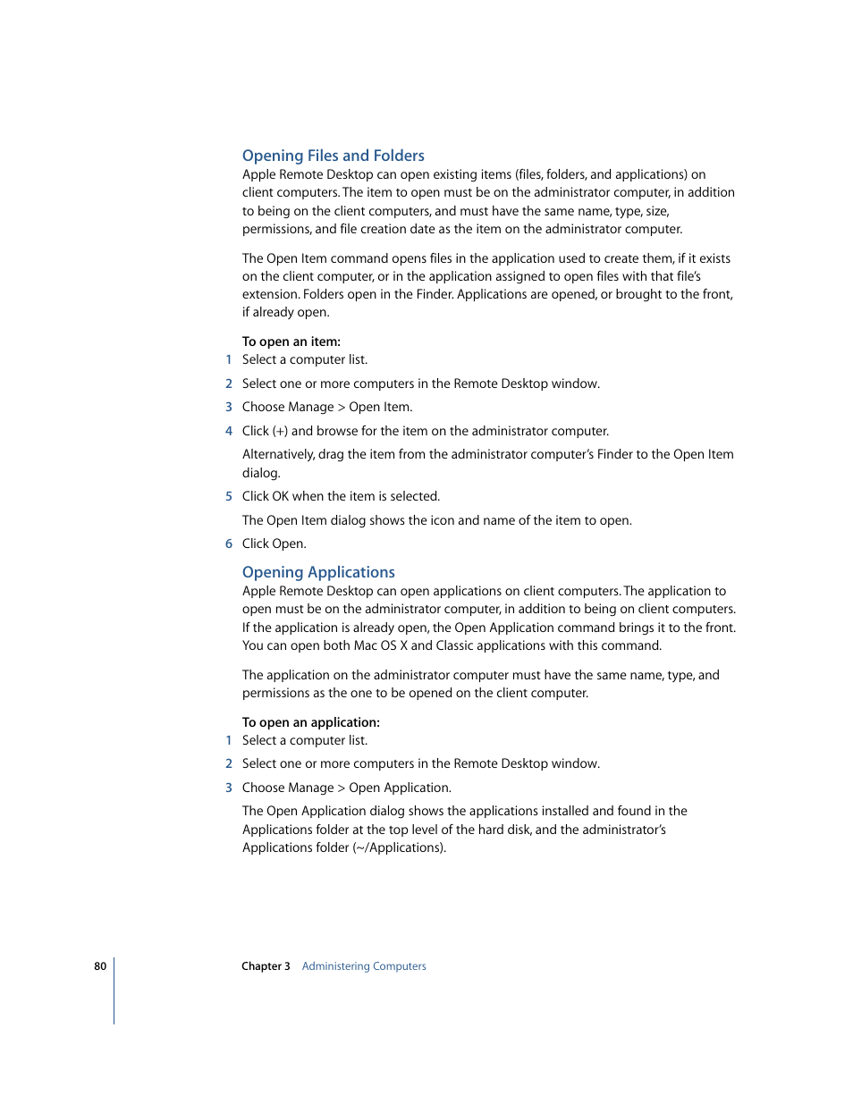 Opening files and folders, Opening applications | Apple Remote Desktop User Manual | Page 80 / 116