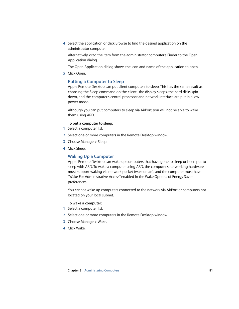 Putting a computer to sleep, Waking up a computer | Apple Remote Desktop User Manual | Page 81 / 116