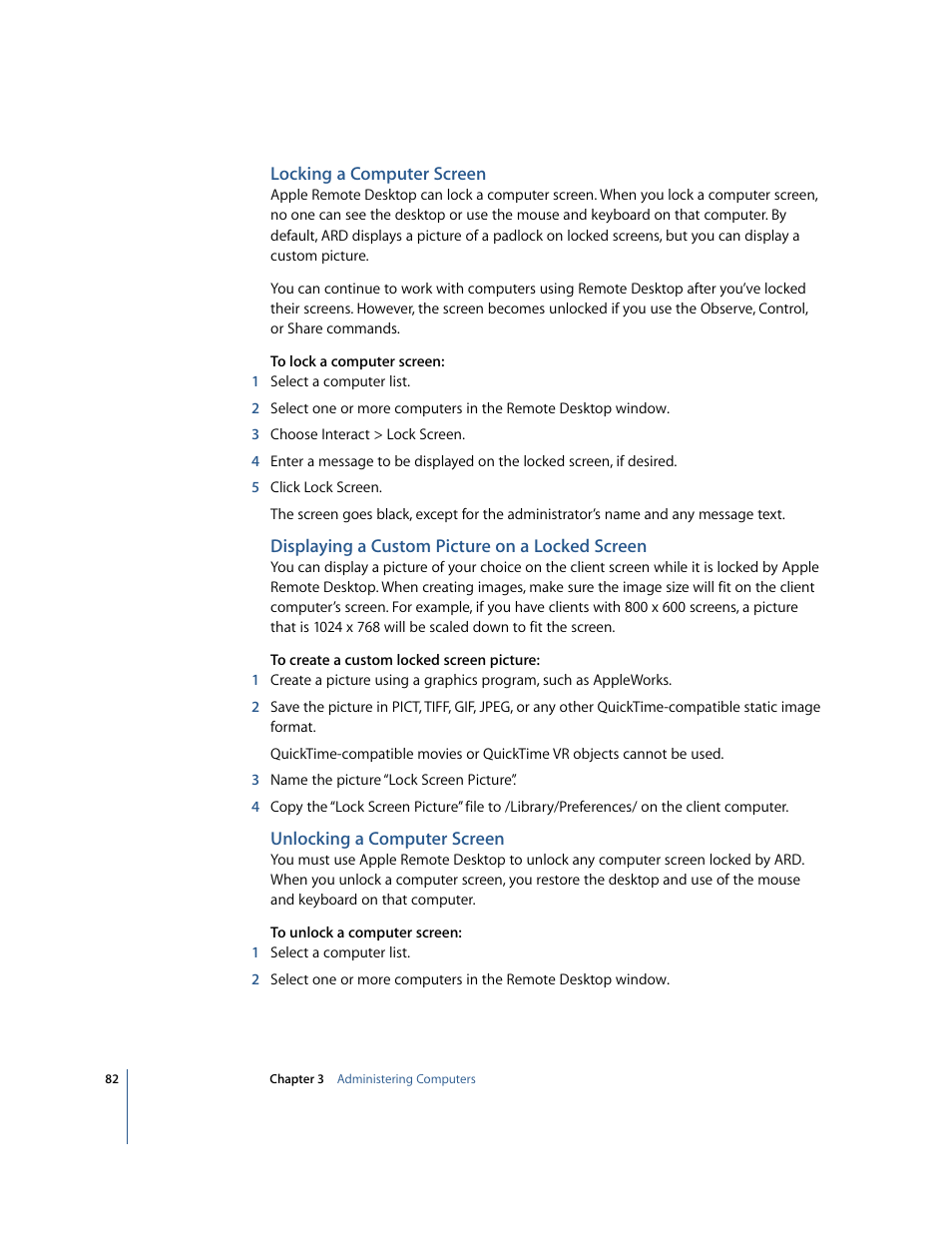 Locking a computer screen, Displaying a custom picture on a locked screen, Unlocking a computer screen | Apple Remote Desktop User Manual | Page 82 / 116