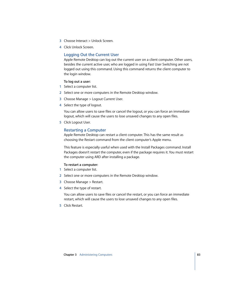 Logging out the current user, Restarting a computer | Apple Remote Desktop User Manual | Page 83 / 116