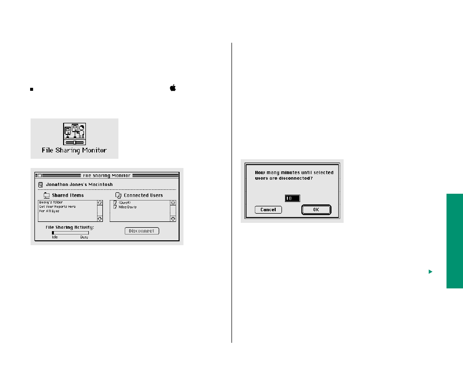 Disconnecting someone who is connected to, Your computer 213, Connecting cables 229 | Monitoring file-sharing activity | Apple Macintosh PowerBook 180 computers User Manual | Page 229 / 323