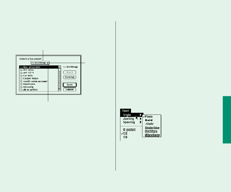 Choosing an item from a menu, Choosing an item from a submenu | Apple Macintosh PowerBook 180 computers User Manual | Page 273 / 323