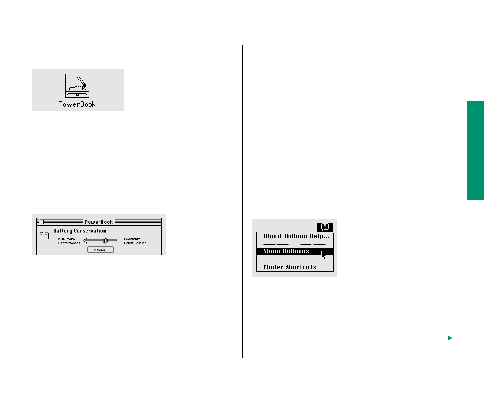Making a ram disk the startup disk 99, Use balloon help, Turn on balloon help | Apple Macintosh PowerBook 180 computers User Manual | Page 99 / 323