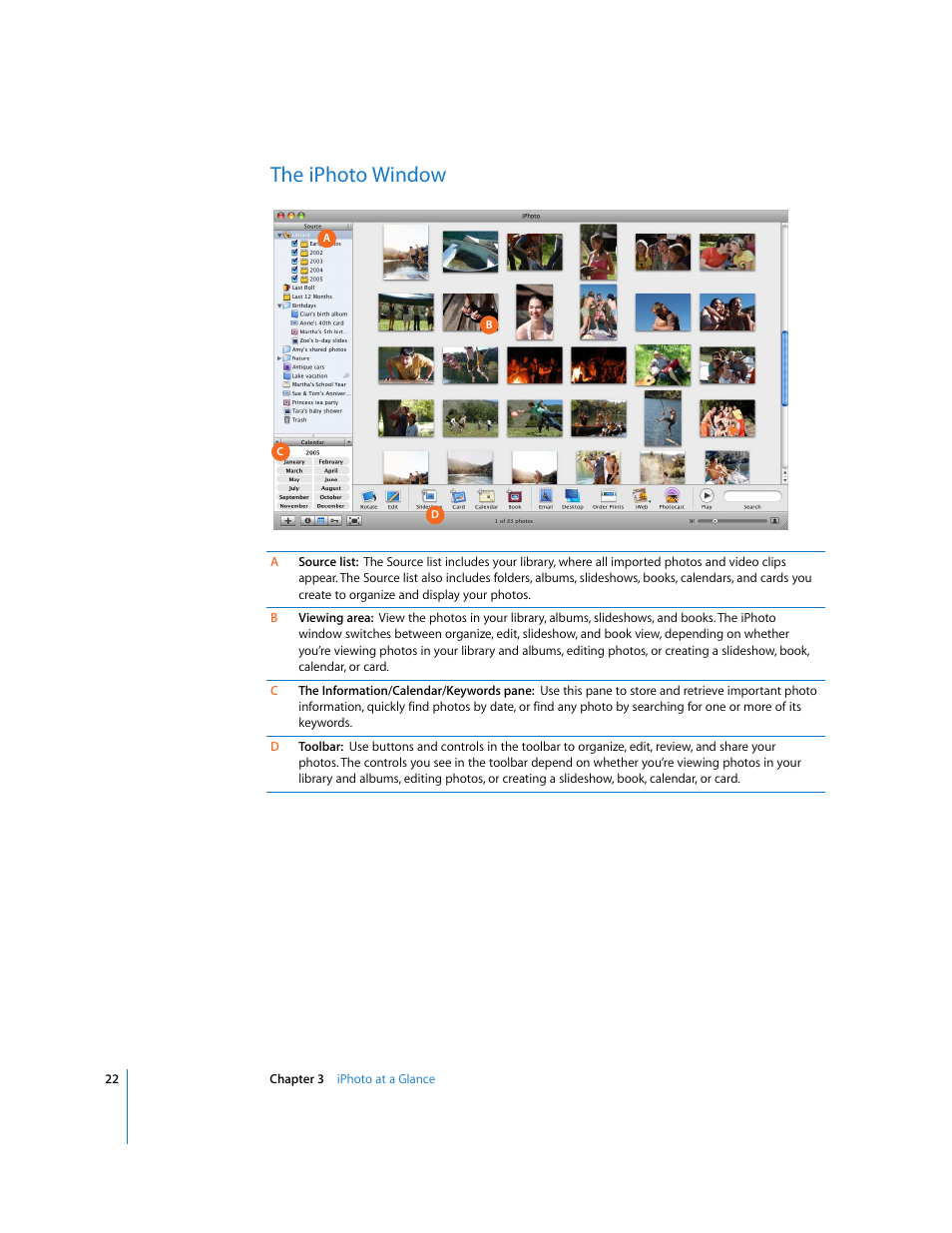 The iphoto window | Apple iPhoto 6 User Manual | Page 22 / 36