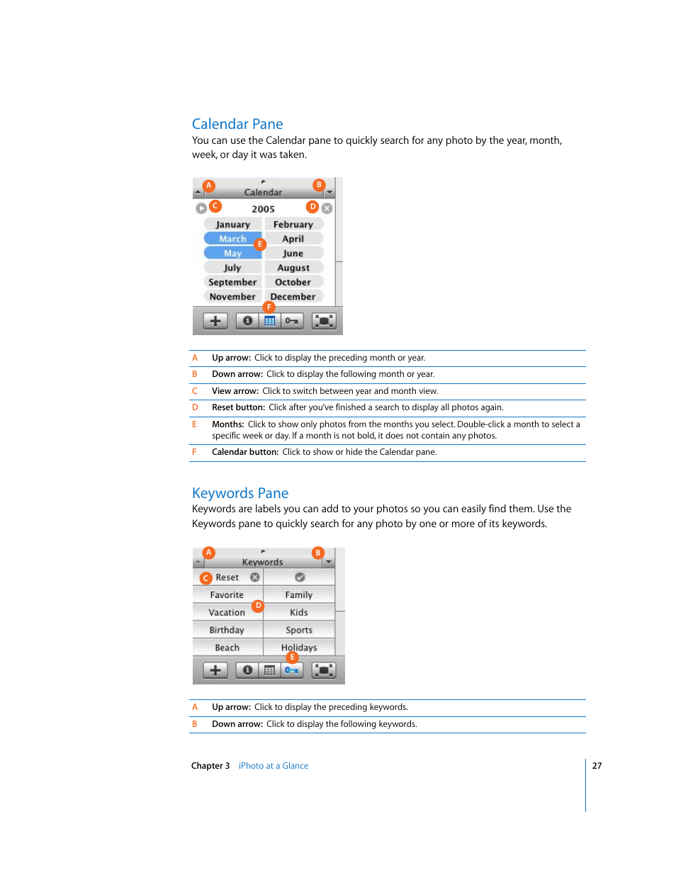 Calendar pane, Keywords pane | Apple iPhoto 6 User Manual | Page 27 / 36