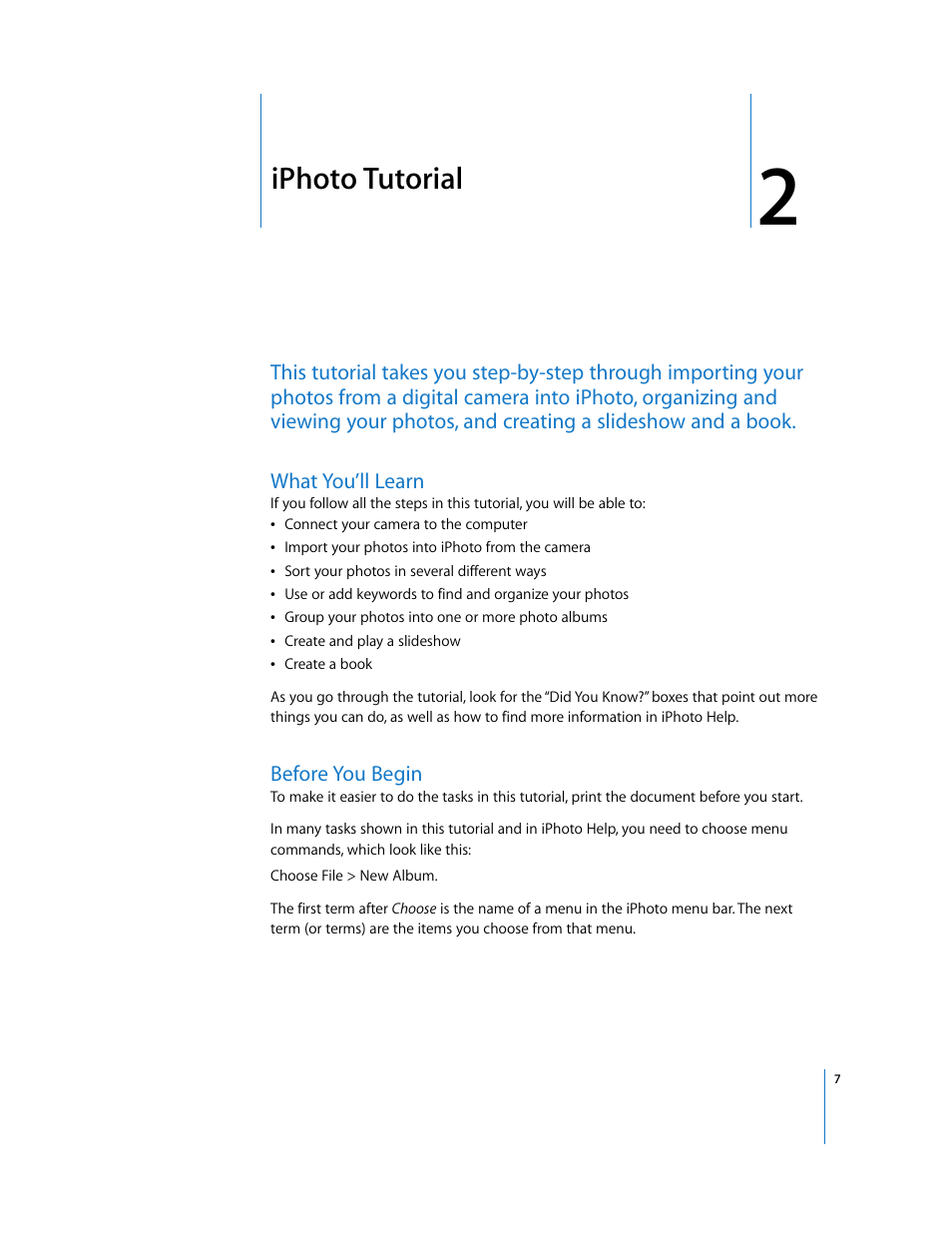 Iphoto tutorial, What you’ll learn, Before you begin | Chapter 2 | Apple iPhoto 6 User Manual | Page 7 / 36