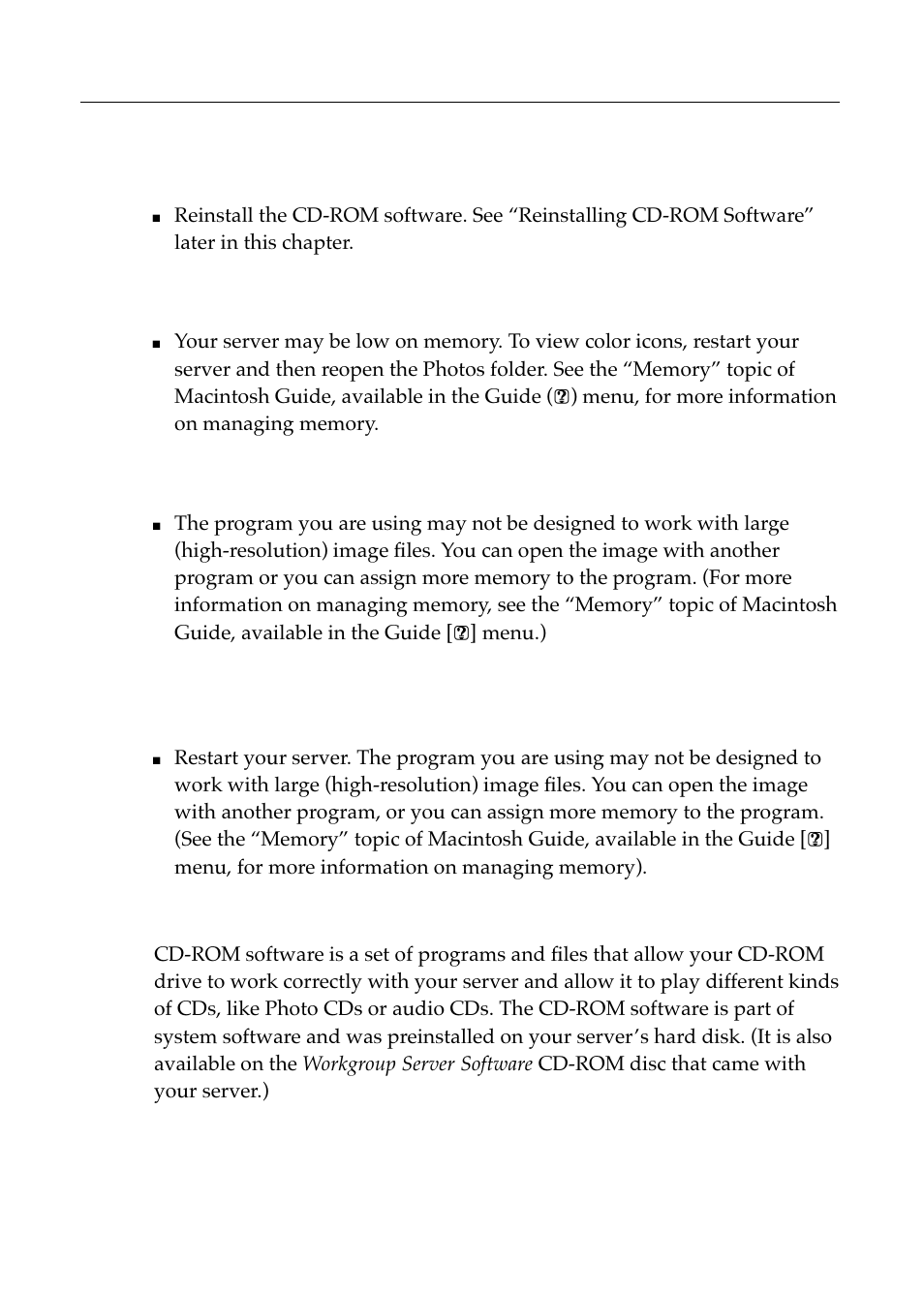 Problems using photo cds, Reinstalling cd-rom software | Apple Workgroup Server 8550 User Manual | Page 108 / 163