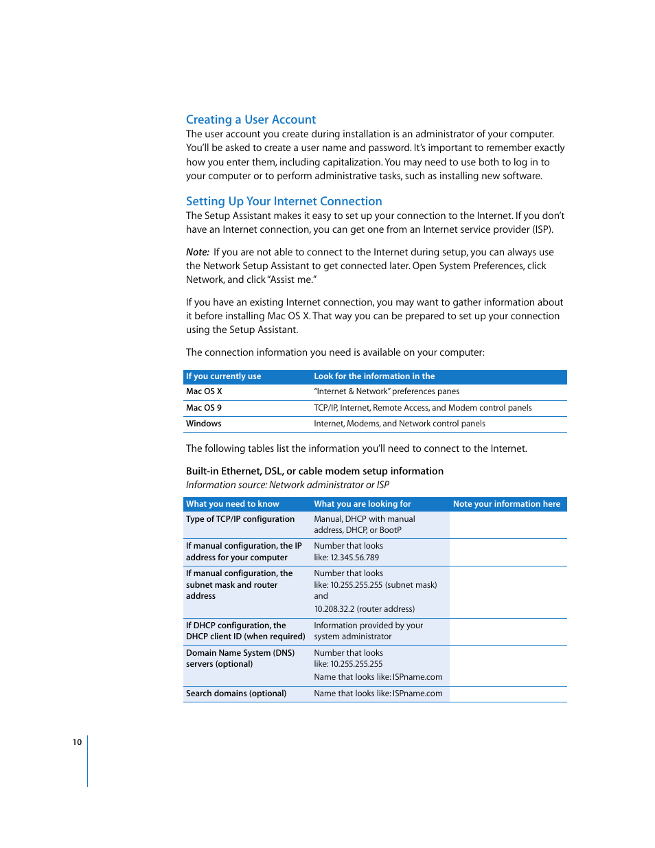 Creating a user account, Setting up your internet connection | Apple Mac OS X v10.4 Tiger User Manual | Page 10 / 16