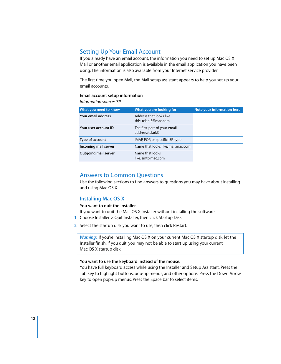 Setting up your email account, Answers to common questions, Installing mac os x | Apple Mac OS X v10.4 Tiger User Manual | Page 12 / 16