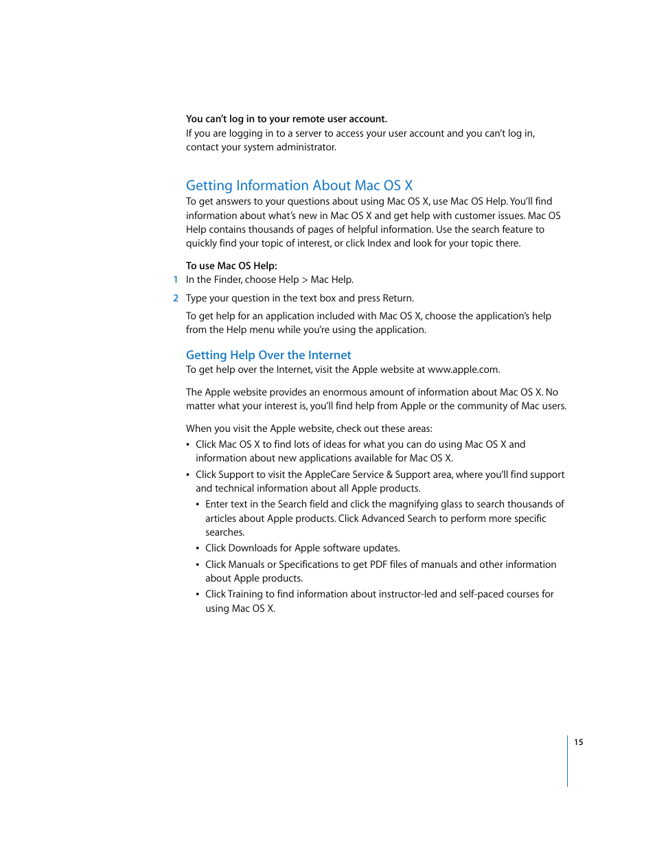 Getting information about macosx, Getting help over the internet, Getting information about mac os x | Apple Mac OS X v10.4 Tiger User Manual | Page 15 / 16
