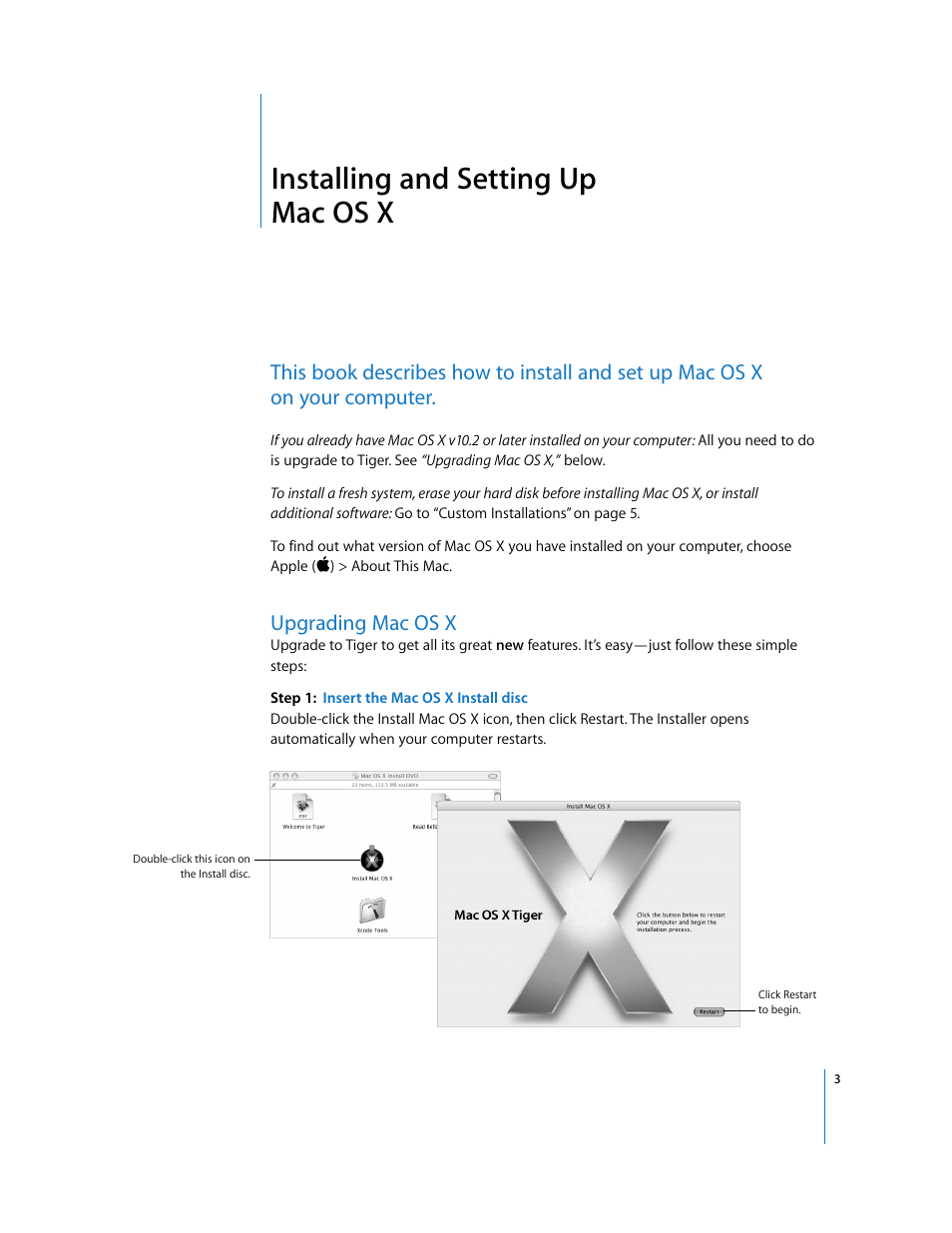 Installing and setting up macosx, Upgrading macosx, Installing and setting up mac os x | Upgrading mac os x | Apple Mac OS X v10.4 Tiger User Manual | Page 3 / 16