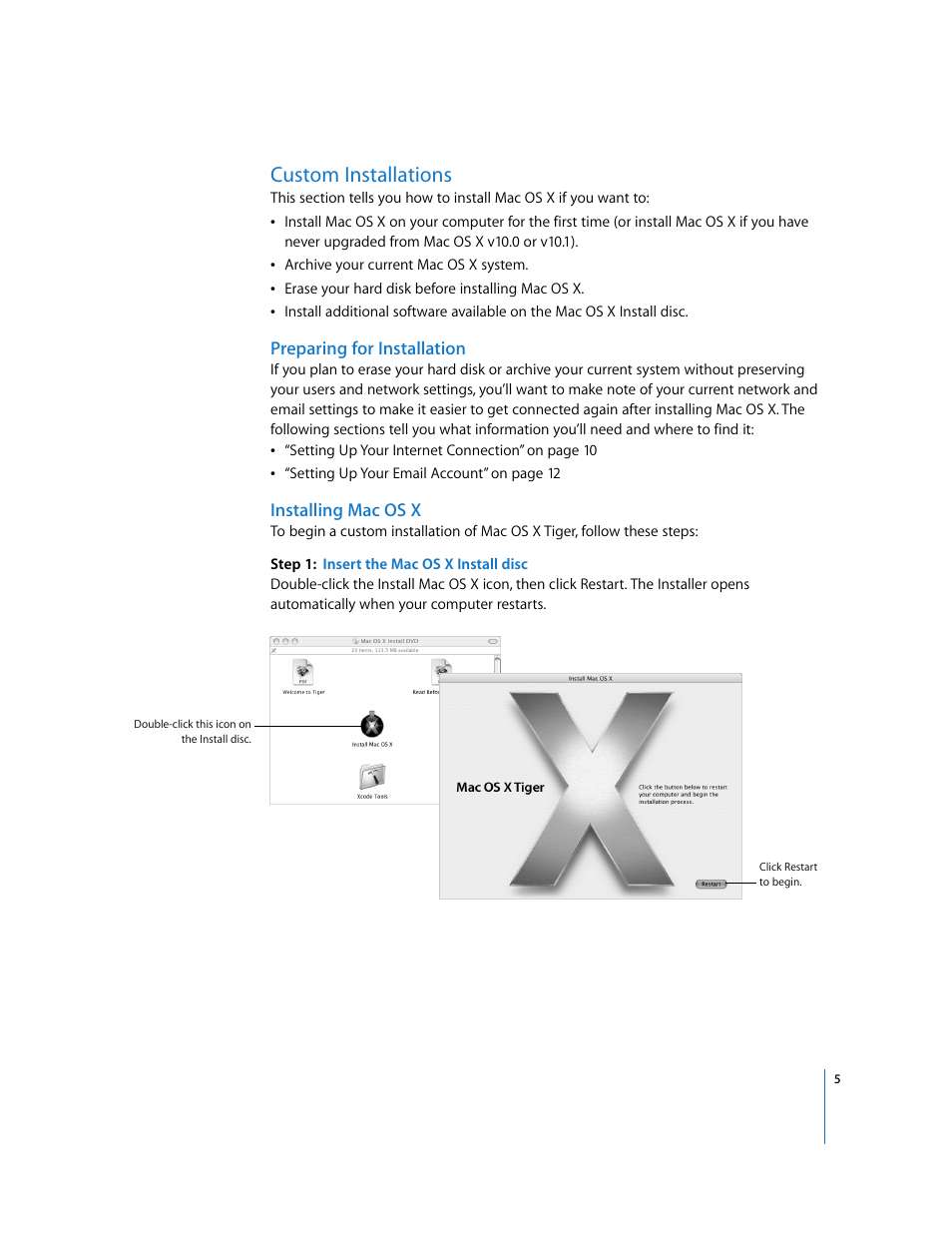 Custom installations, Preparing for installation, Installing mac os x | Apple Mac OS X v10.4 Tiger User Manual | Page 5 / 16