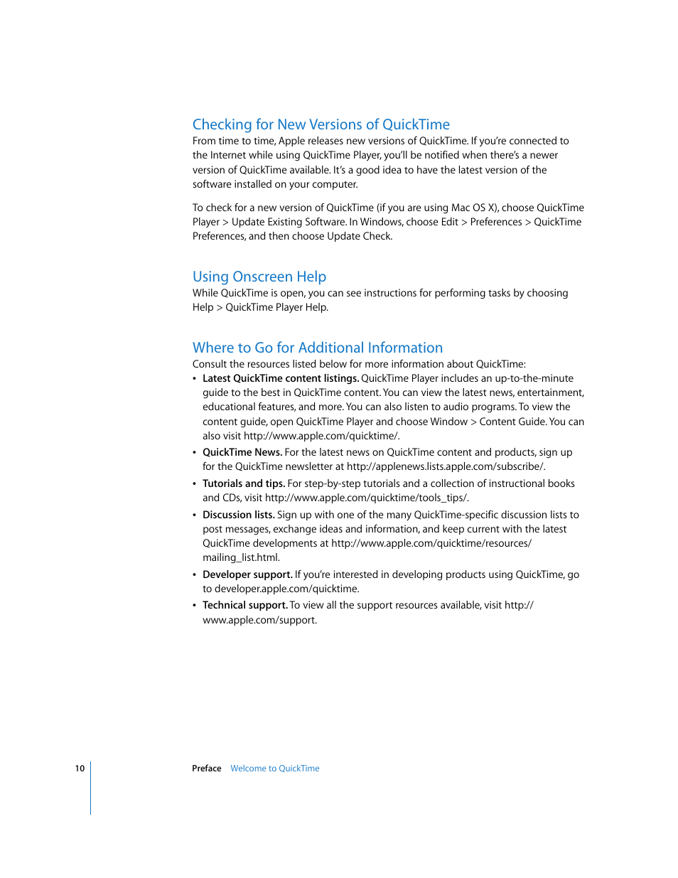 Checking for new versions of quicktime, Using onscreen help, Where to go for additional information | Apple QuickTime 7 User Manual | Page 10 / 62