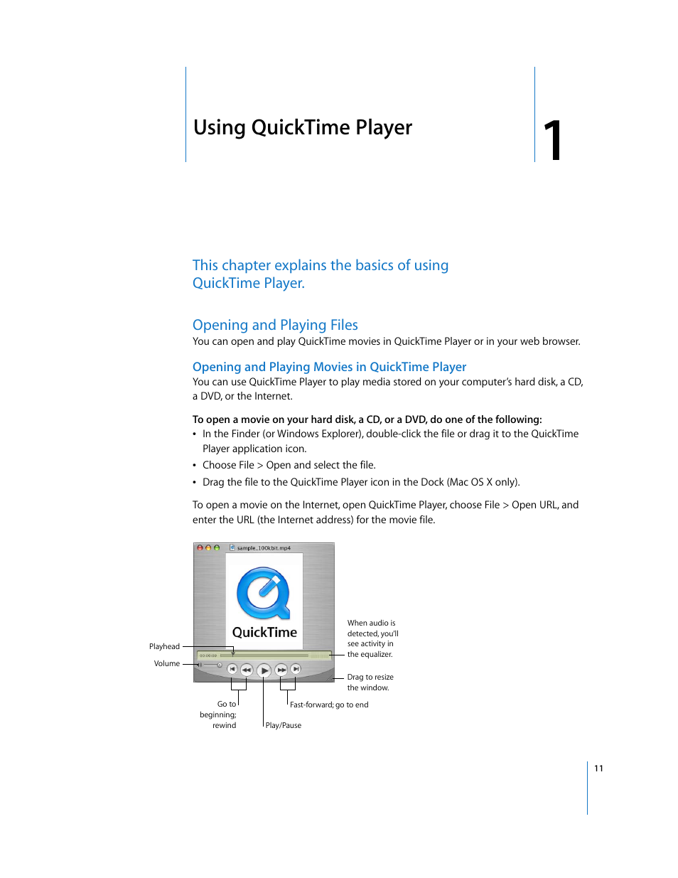 Using quicktime player, Opening and playing files, Opening and playing movies in quicktime player | Chapter 1 | Apple QuickTime 7 User Manual | Page 11 / 62