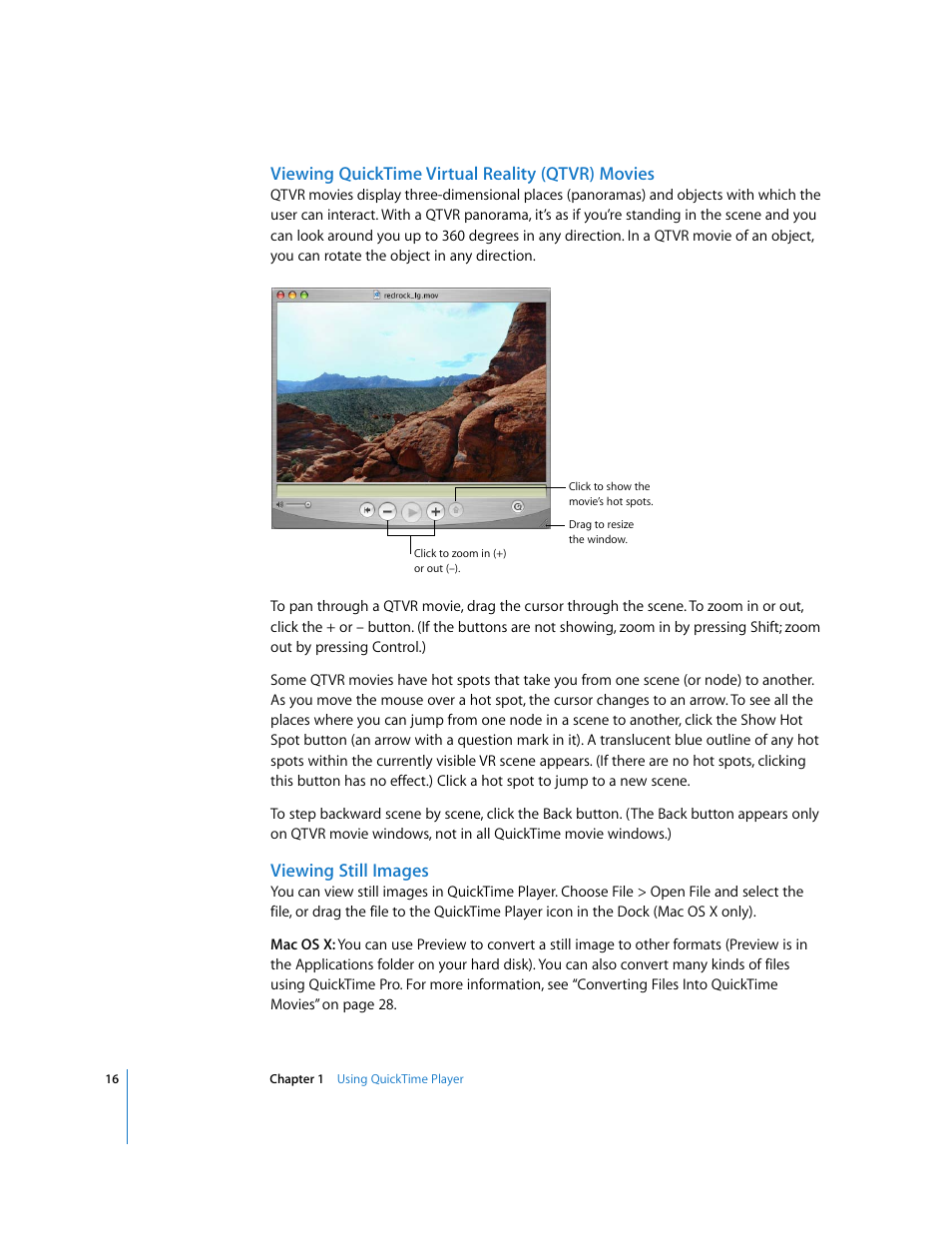 Viewing quicktime virtual reality (qtvr) movies, Viewing still images | Apple QuickTime 7 User Manual | Page 16 / 62