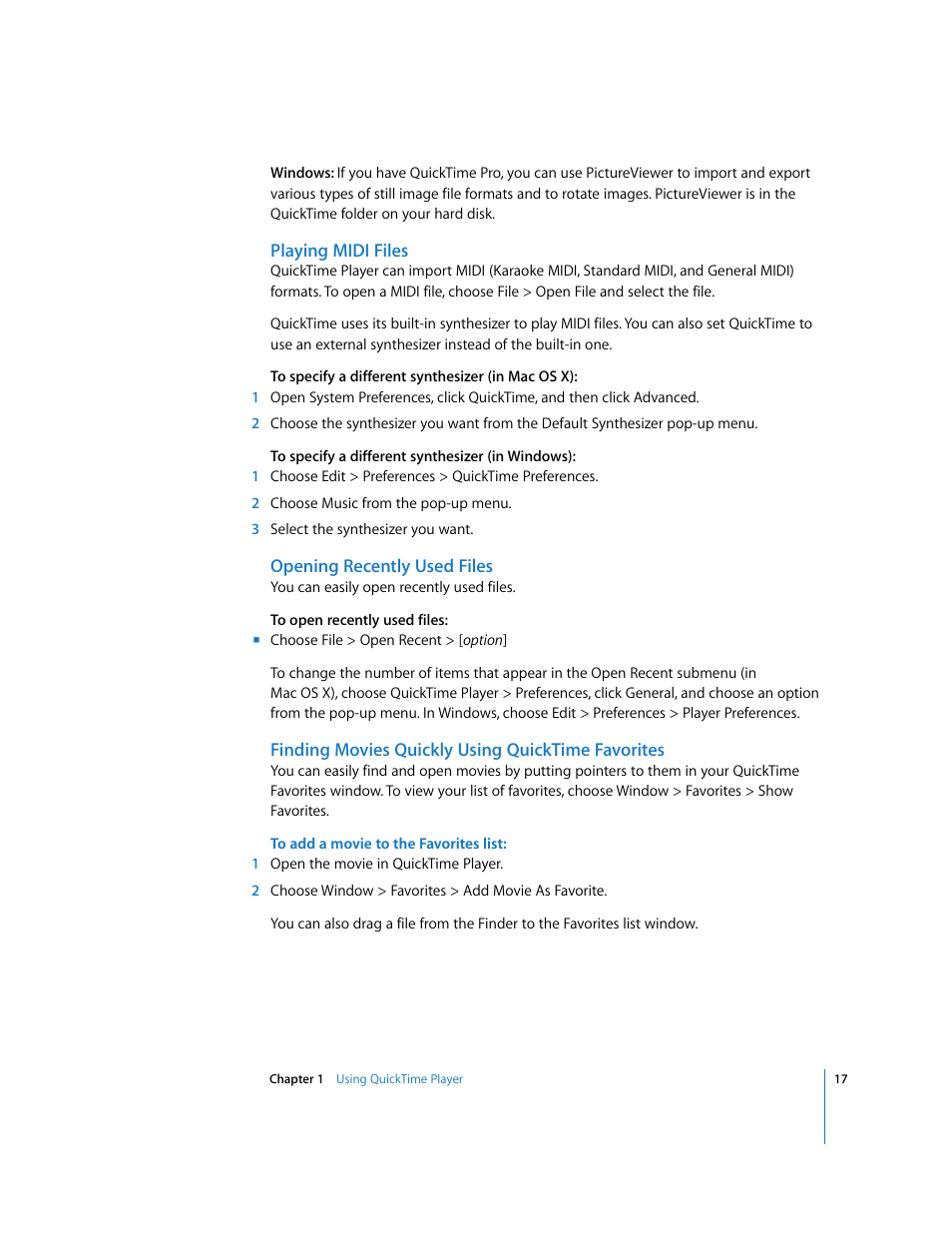 Playing midi files, Opening recently used files, Finding movies quickly using quicktime favorites | Apple QuickTime 7 User Manual | Page 17 / 62