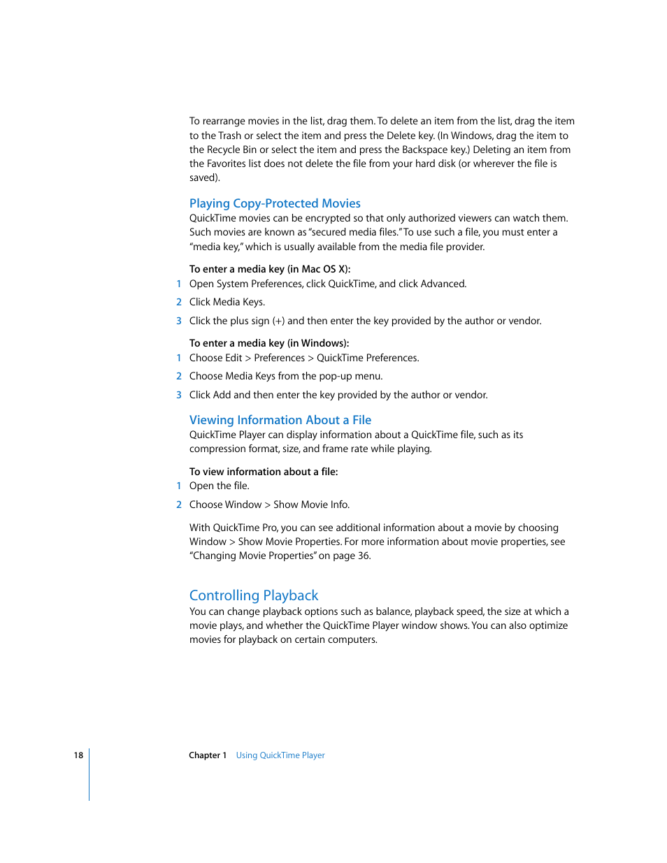 Playing copy-protected movies, Viewing information about a file, Controlling playback | Apple QuickTime 7 User Manual | Page 18 / 62
