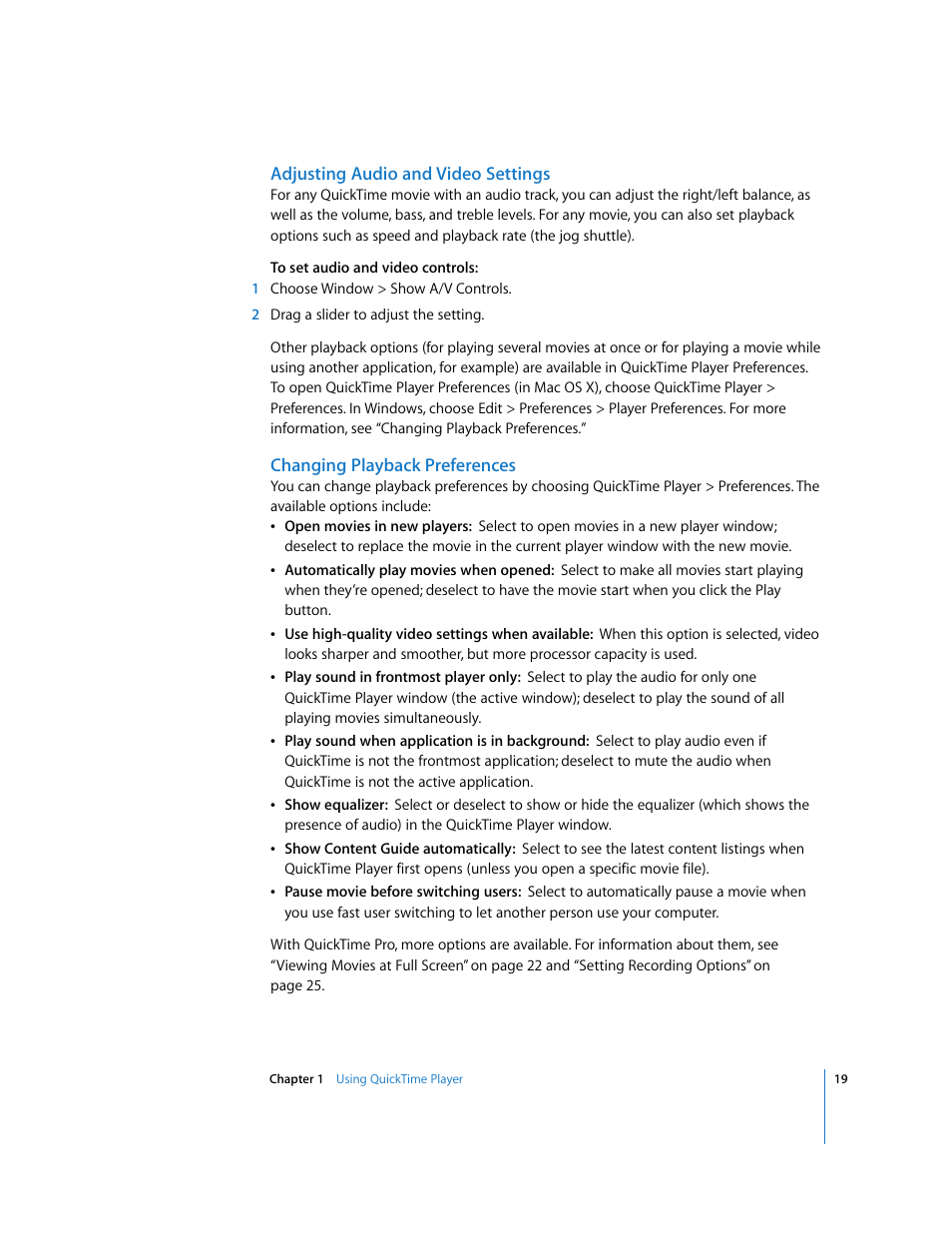 Adjusting audio and video settings, Changing playback preferences | Apple QuickTime 7 User Manual | Page 19 / 62