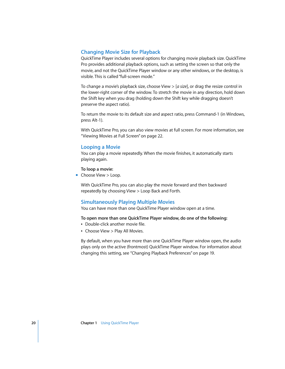 Changing movie size for playback, Looping a movie, Simultaneously playing multiple movies | Apple QuickTime 7 User Manual | Page 20 / 62