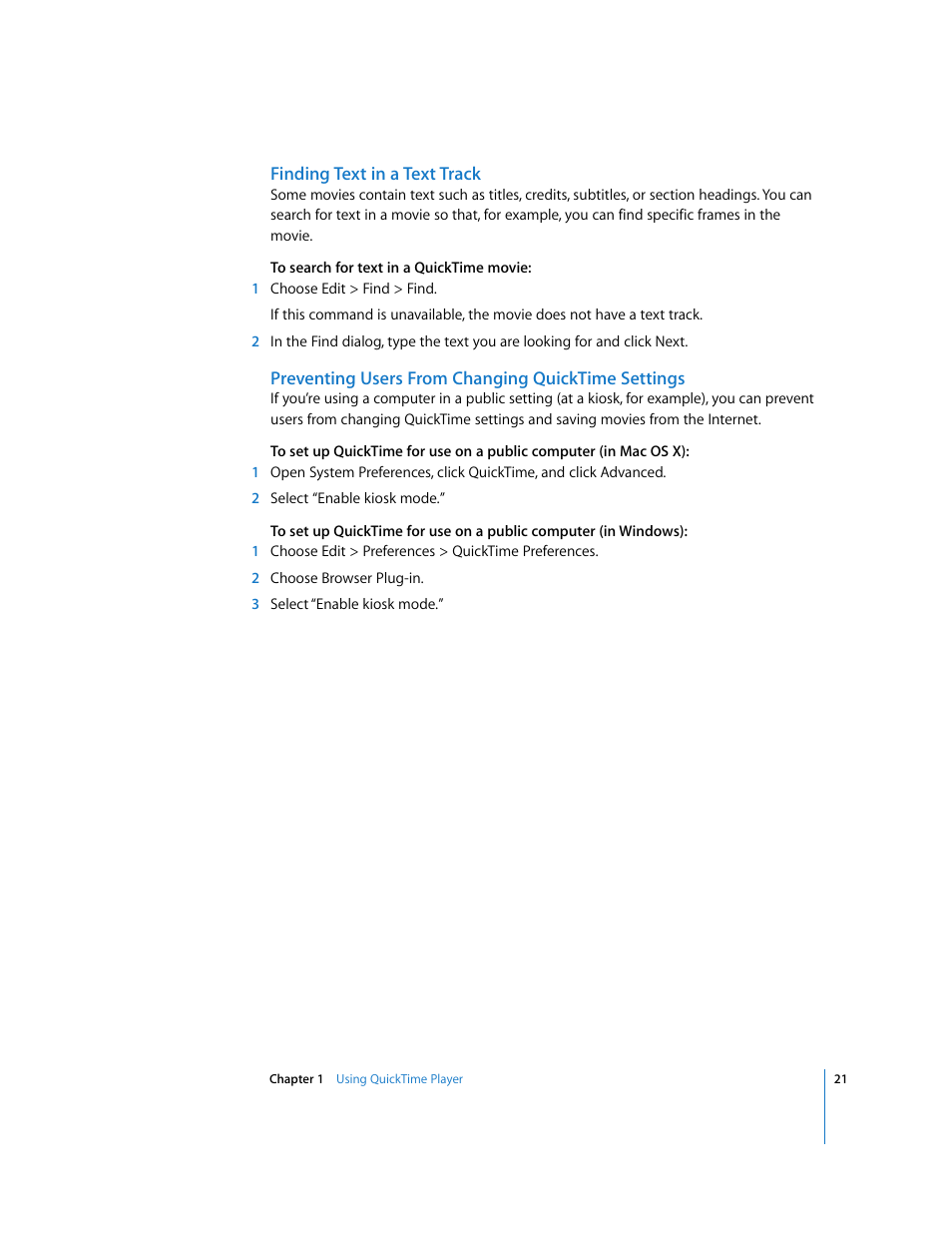 Finding text in a text track, Preventing users from changing quicktime settings | Apple QuickTime 7 User Manual | Page 21 / 62