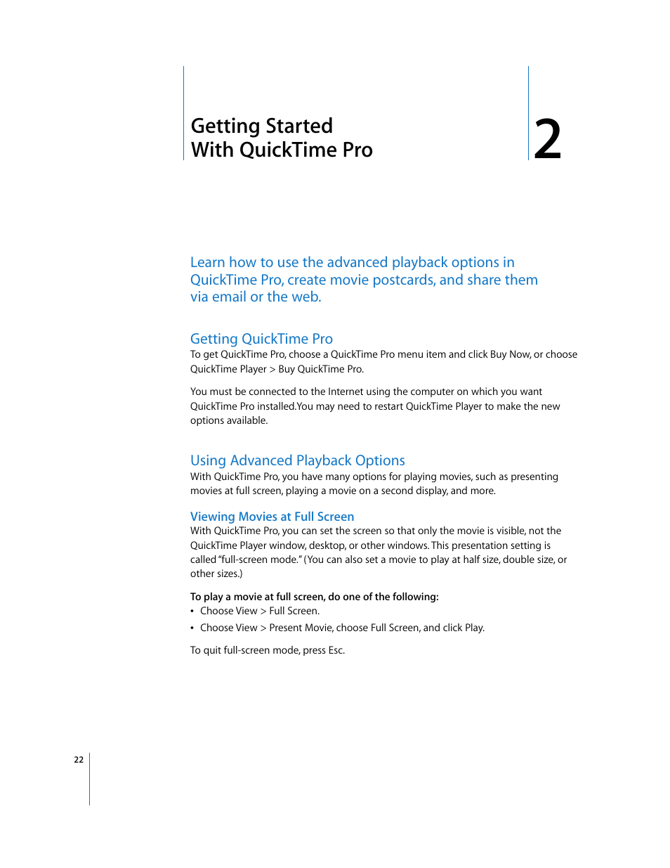 Getting started withquicktimepro, Getting quicktime pro, Using advanced playback options | Viewing movies at full screen, Chapter 2, Getting started with quicktime pro | Apple QuickTime 7 User Manual | Page 22 / 62