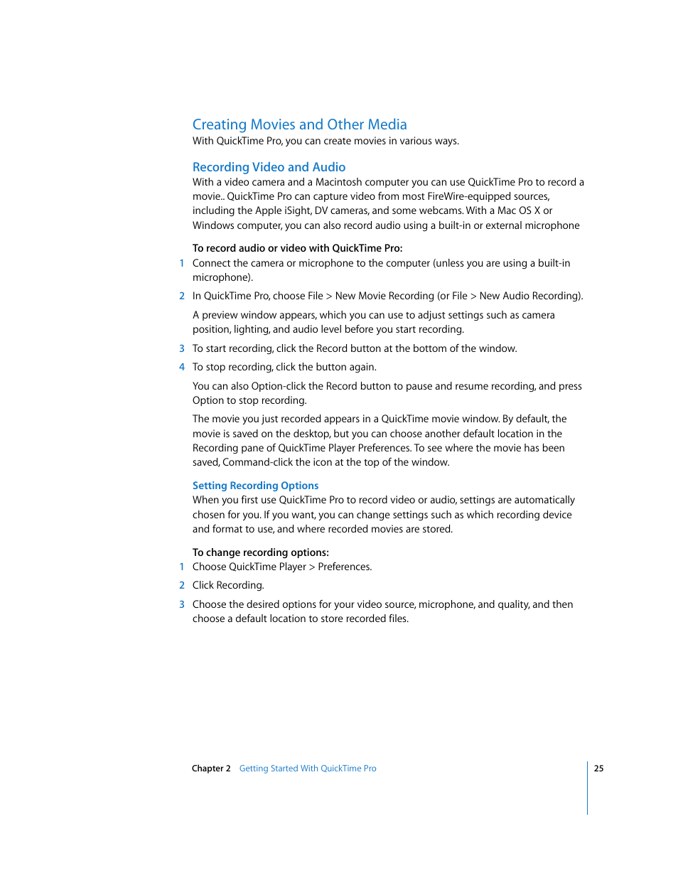 Creating movies and other media, Recording video and audio | Apple QuickTime 7 User Manual | Page 25 / 62