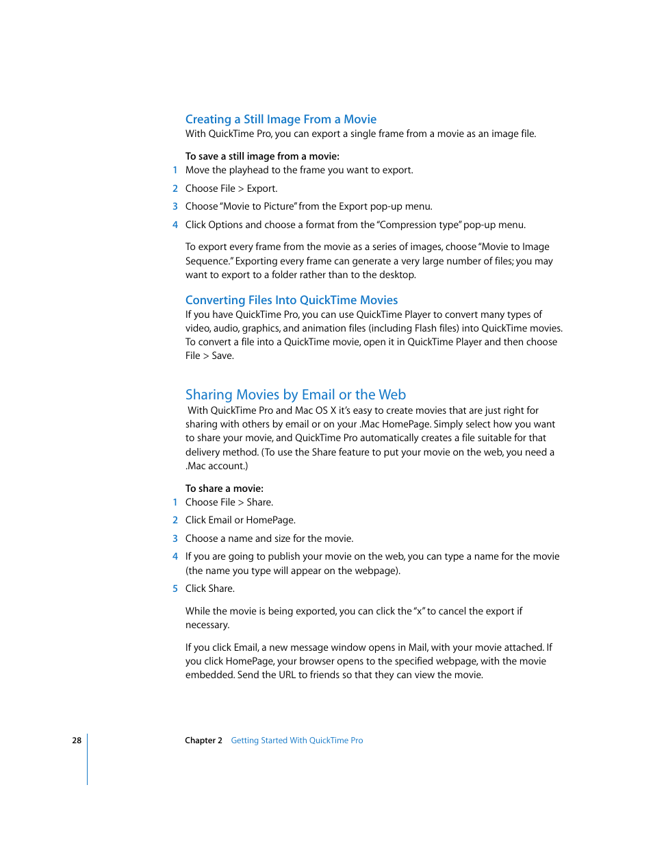 Creating a still image from a movie, Converting files into quicktime movies, Sharing movies by email or the web | Apple QuickTime 7 User Manual | Page 28 / 62
