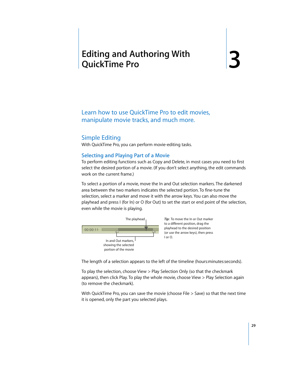 Editing and authoring with quicktime pro, Simple editing, Selecting and playing part of a movie | Chapter 3 | Apple QuickTime 7 User Manual | Page 29 / 62